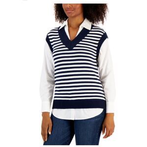 Charter Club Layered Sweater Striped Vest Shirt Intrepid Blue Combo Womens